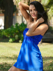 Dazzling Sapphira A strips her glamourous blue dress outdoors