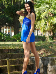 Dazzling Sapphira A strips her glamourous blue dress outdoors